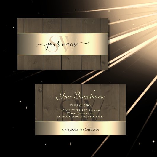 木製板茶色の木目モノグラム金ゴールド 名刺