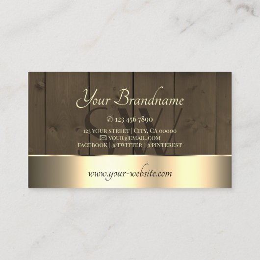 木製板茶色の木目モノグラム金ゴールド 名刺 (裏面)