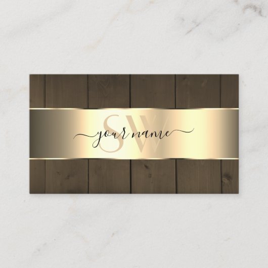 木製板茶色の木目モノグラム金ゴールド 名刺 (正面)