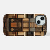 木製版画タイポグラフィとアートコラージュ iPhone 15ケース (裏面横)