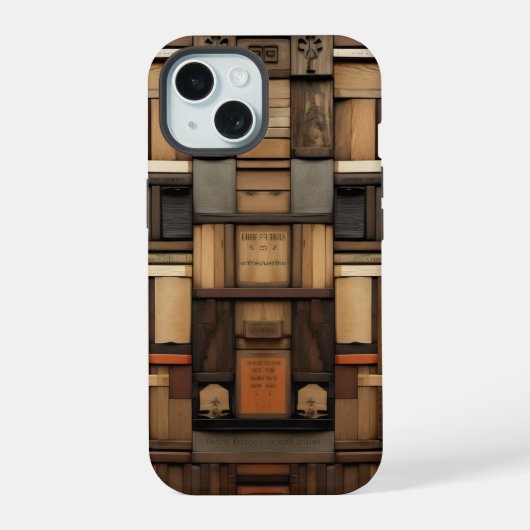 木製版画タイポグラフィとアートコラージュ iPhone 15ケース (裏面)