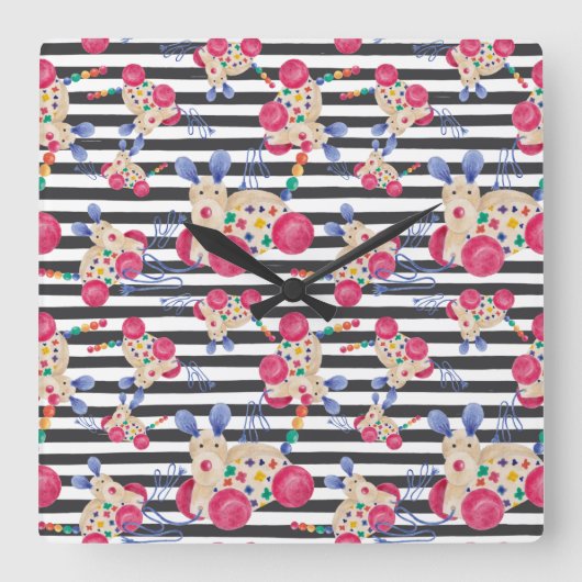 木製犬の引っ張りおもちゃのパターン スクエア壁時計 (正面)