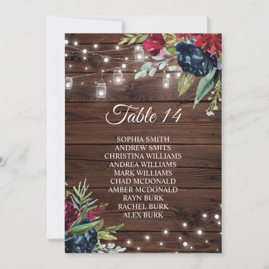 木製素朴のバーガンディフローラライトの座席表 招待状 (正面)