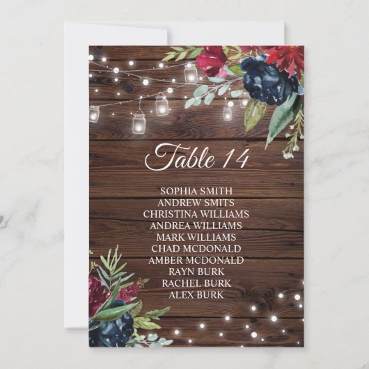 木製素朴のバーガンディフローラライトの座席表 招待状 (裏面)