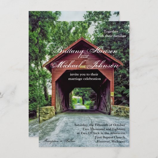 木製素朴の屋根付き橋結婚式招待状 招待状 (正面/裏面)