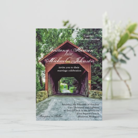 木製素朴の屋根付き橋結婚式招待状 招待状 (スタンド正面)