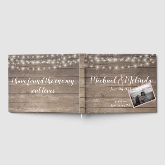 木製素朴の弦ライトと写真結婚の ゲストブック (全面)