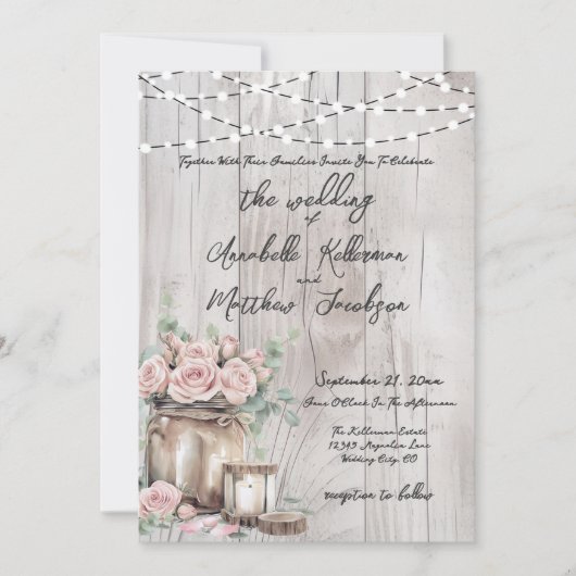 木製素朴の文字列ライトバラ国の結婚式 招待状 (正面)