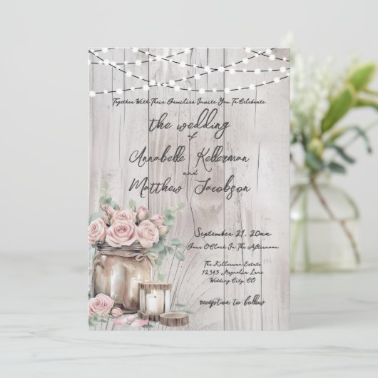 木製素朴の文字列ライトバラ国の結婚式 招待状 (スタンド正面)