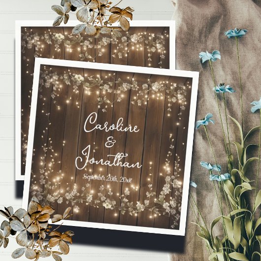 木製素朴の文字列ライト白いフローラの結婚数 スタンダードカクテルナプキン