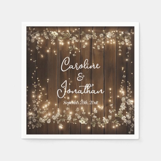 木製素朴の文字列ライト白いフローラの結婚数 スタンダードカクテルナプキン (正面)