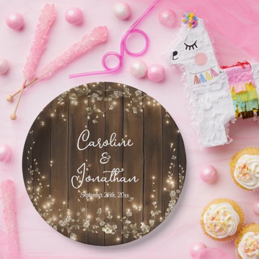 木製素朴の文字列ライト白いフローラの結婚数 ペーパープレート (パーティー)