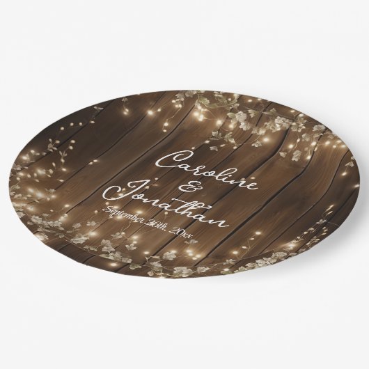 木製素朴の文字列ライト白いフローラの結婚数 ペーパープレート (アングル)