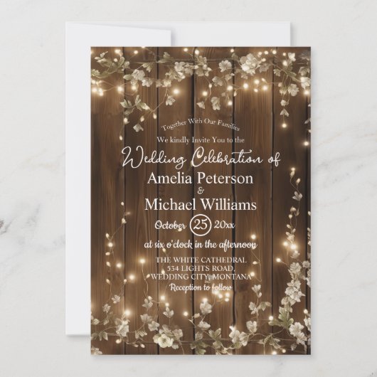 木製素朴の文字列ライト白いフローラの結婚数 招待状 (正面)