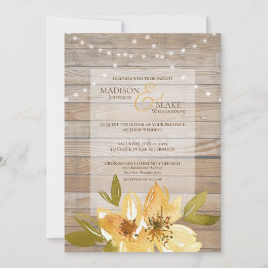 木製素朴の文字列ライト黄色のフローラ結婚の 招待状 (正面)