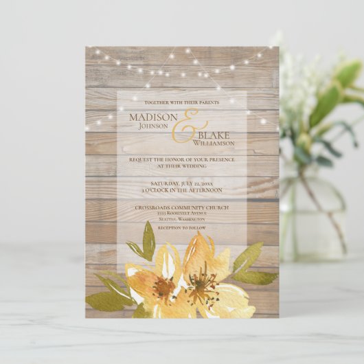 木製素朴の文字列ライト黄色のフローラ結婚の 招待状 (スタンド正面)