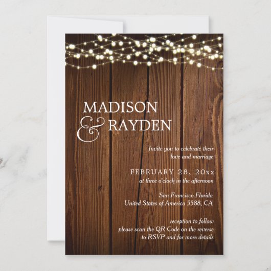 木製素朴の文字列ライト3写真QRコード結婚s 招待状 (正面)