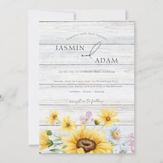 木製素朴ひまわりモノグラム結婚フローラ 招待状 (正面)