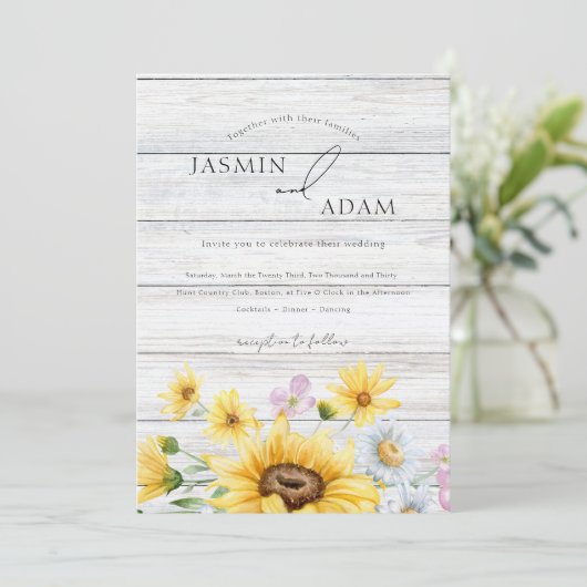 木製素朴ひまわりモノグラム結婚フローラ 招待状 (スタンド正面)