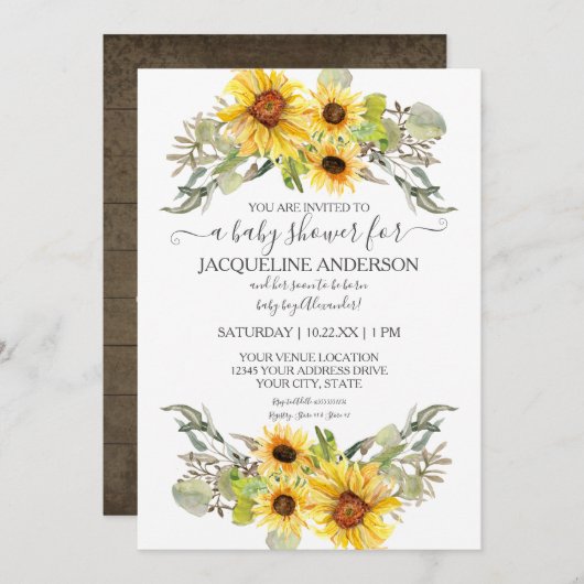 木製素朴ひまわり男の子ベビーシャワー水色 招待状 (正面/裏面)