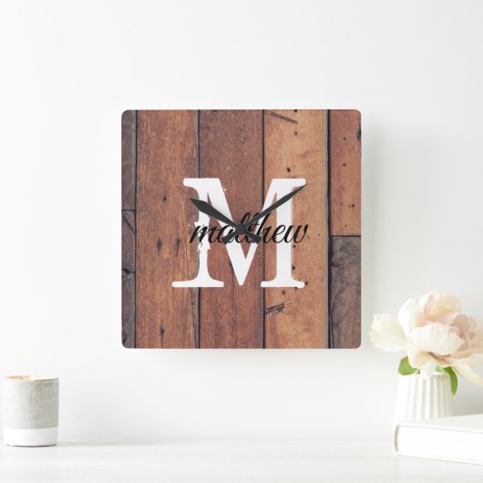 木製素朴カントリーファームハウスブラウンモノグラム スクエア壁時計 (ホーム)