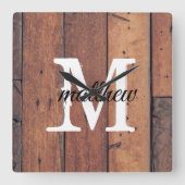 木製素朴カントリーファームハウスブラウンモノグラム スクエア壁時計 (正面)