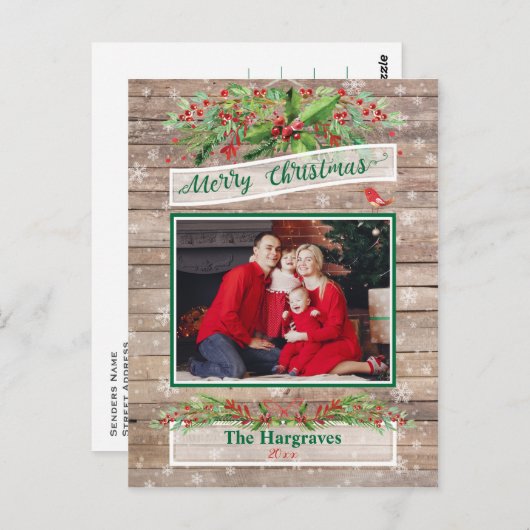 木製素朴クリスマスホリースノーフレークファミリー ポストカード (正面/裏面)