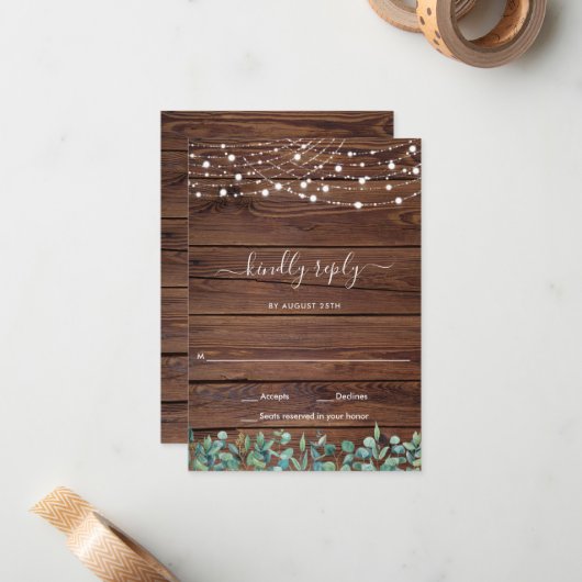 木製素朴ストリングライトウェディングRSVP ノートカード (正面/裏面インサイチュ)