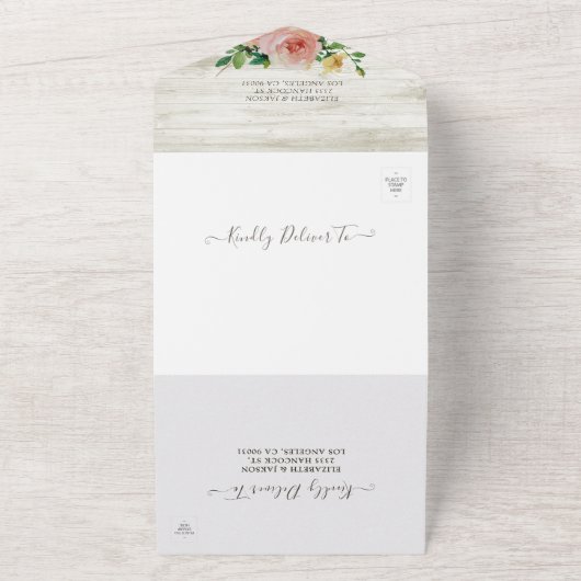 木製素朴ストリングライトピンクフローラ結婚式RSVP オールインワン招待状 (外側)