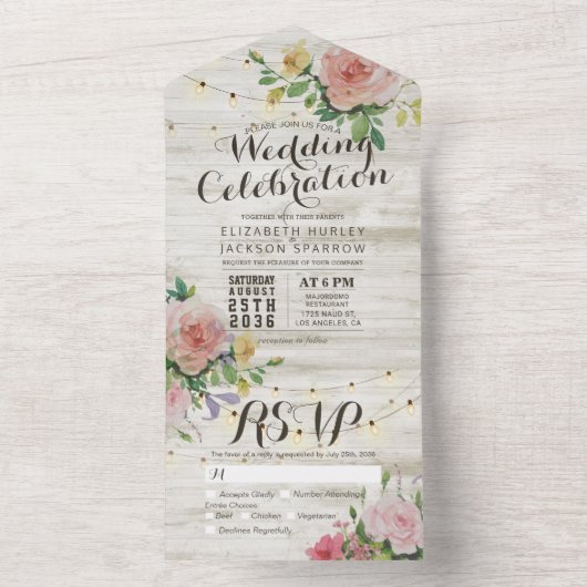 木製素朴ストリングライトピンクフローラ結婚式RSVP オールインワン招待状 (内側)