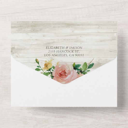 木製素朴ストリングライトピンクフローラ結婚式RSVP オールインワン招待状 (裏面)