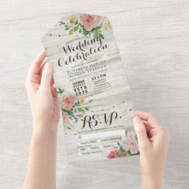 木製素朴ストリングライトピンクフローラ結婚式RSVP オールインワン招待状