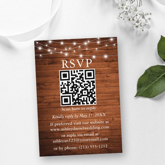 木製素朴ストリングライトQRウェディングRSVP エンクロージャーカード