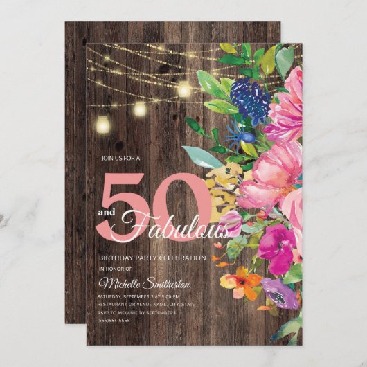 木製素朴ピンクフローラストリングライト50素晴らしい 招待状 (正面/裏面)