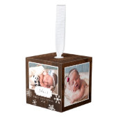 木製素朴フォトコラージュスノー キューブオーナメント (正面アングル)