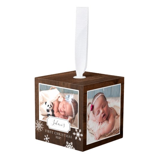 木製素朴フォトコラージュスノー キューブオーナメント (正面アングル)