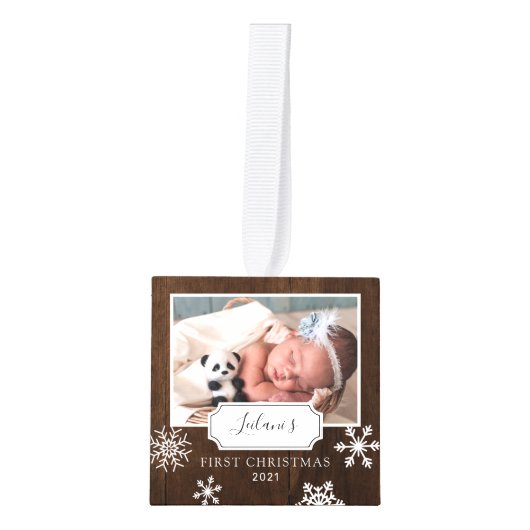 木製素朴フォトコラージュスノー キューブオーナメント (正面)