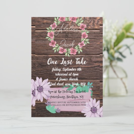 木製素朴フローラの結婚リハーサルのディナーカード 招待状 (スタンド正面)