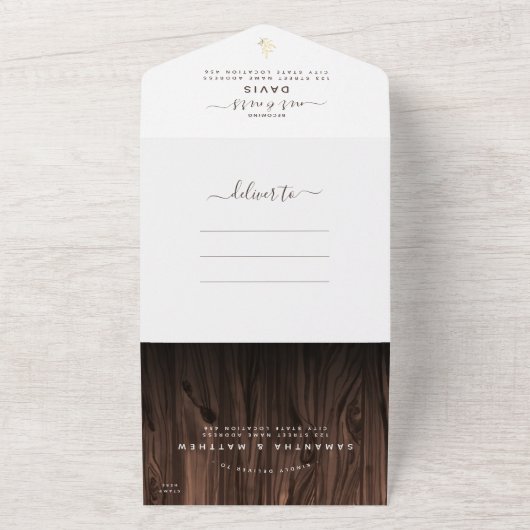 木製素朴屋外結婚式RSVP QRコード オールインワン招待状 (外側)