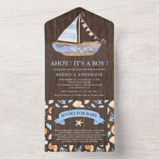 木製素朴帆船航海の赤ちゃんシャワー オールインワン招待状 (内側)