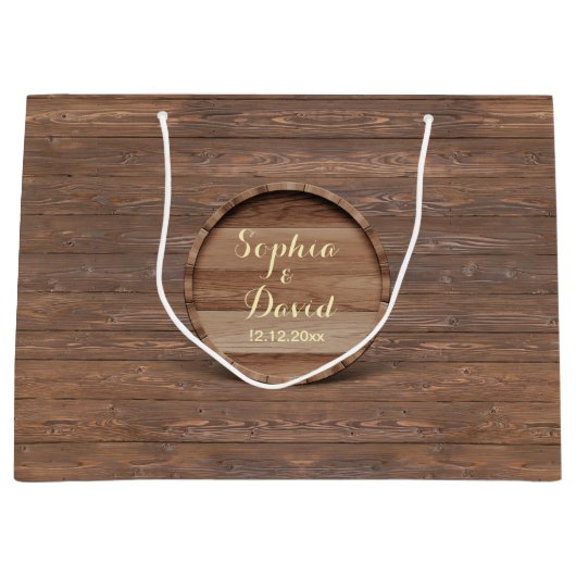 木製素朴樽の結婚モノグラカスタムム ラージペーパーバッグ (正面)