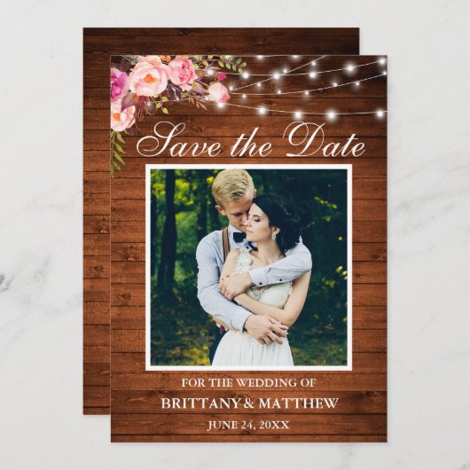 木製素朴水彩ピンクフローラライト セーブザデート (正面/裏面)