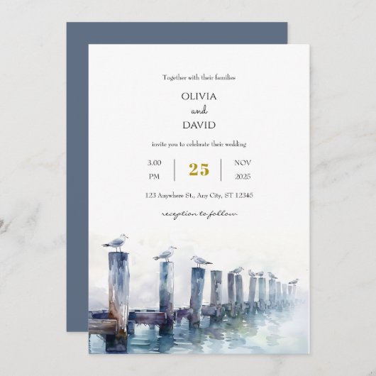 木製素朴波止場ガルズ海ビュービーチ結婚式 招待状 (正面/裏面)