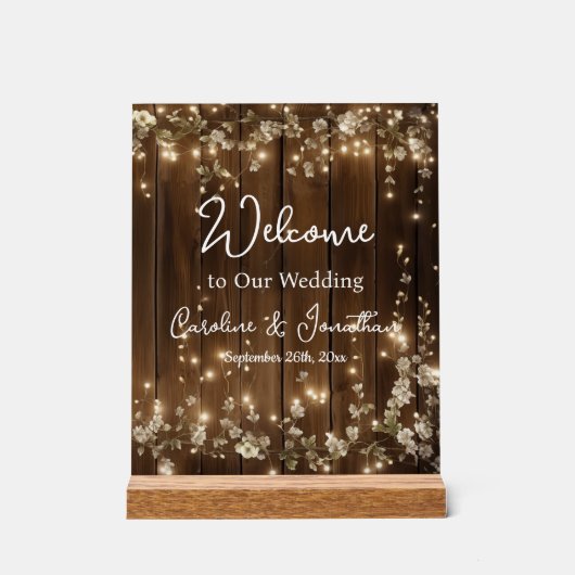 木製素朴白フローラストリングライトへようこそ アクリルサイン (正面)
