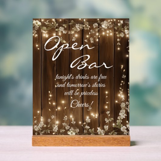 木製素朴白フローラストリングライトオープンバー アクリルサイン (ニュートラル)