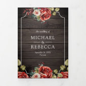 木製素朴赤バラフローラフレームQRコード結婚ズ 三つ折り招待状 (カバー)