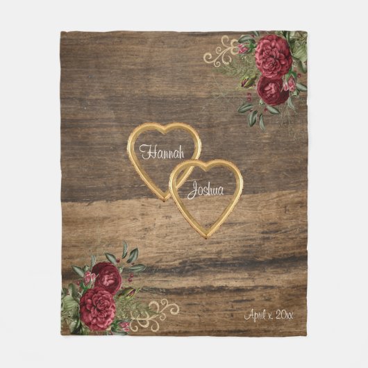 木製素朴赤バラ金ゴールドフレームパーソナライズされた フリースブランケット (正面)