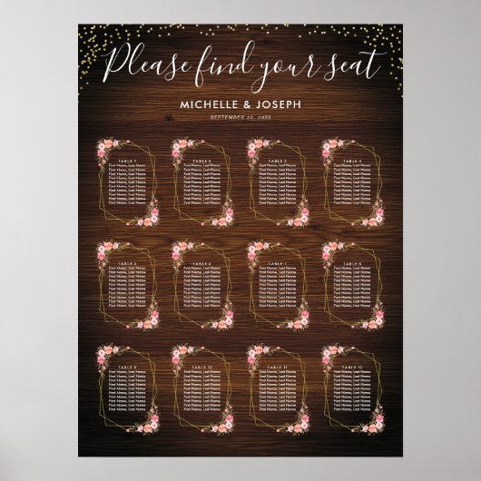木製素朴金ゴールドピンクのフローラ結婚の座席表 ポスター (正面)