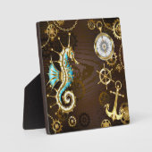 木製背景と機械式水上馬 フォトプラーク (正面)