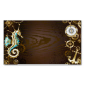 木製背景と機械式水上馬 マグネット名刺 (正面)